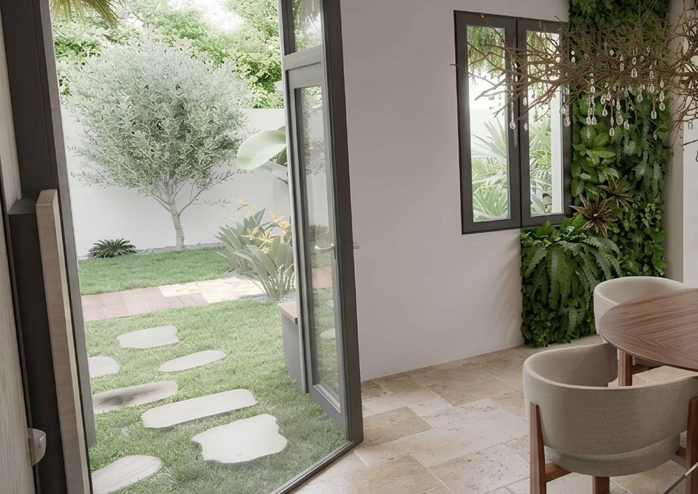 Entrée ouverte sur le jardin avec mur végétal, villa de Biscarrosse