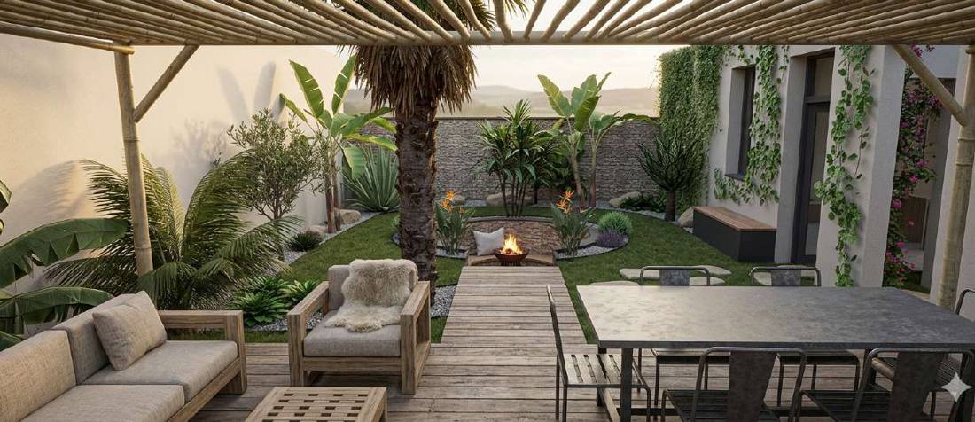 Pergola et jardin méditerranéen, villa de Biscarrosse